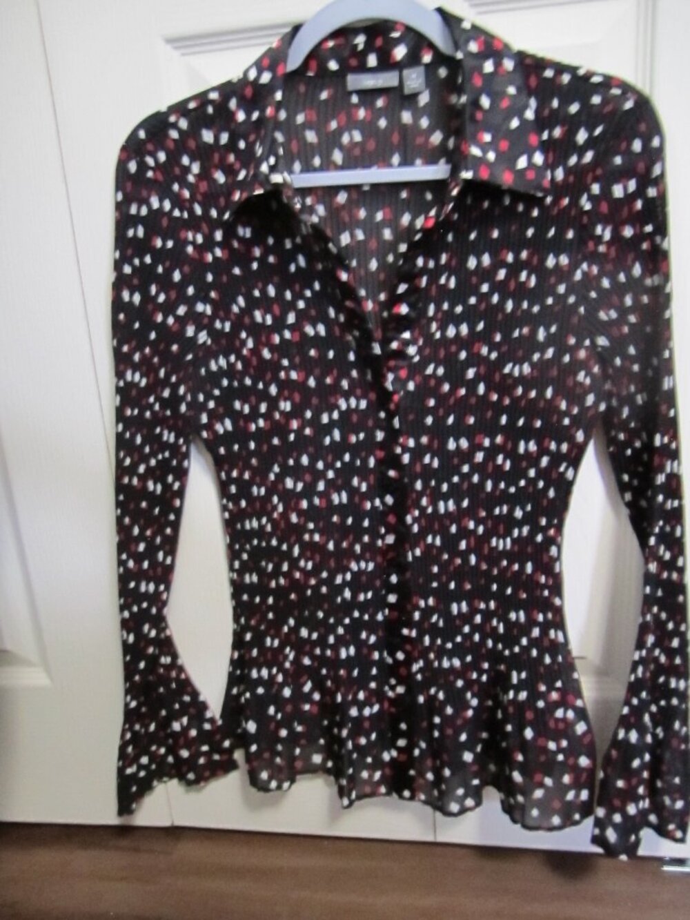 Apt. 9 Black Button-Down Blouse with Red and White Dot Print